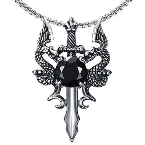 Xusamss Punk Titanium Steel Wing Dragon Crystal Pendant Sword Necklace,24inches Link Chain Xusamss Punk Titanium Steel Wing Dragon Crystal Pendant Sword Necklace,24inches Link Chain