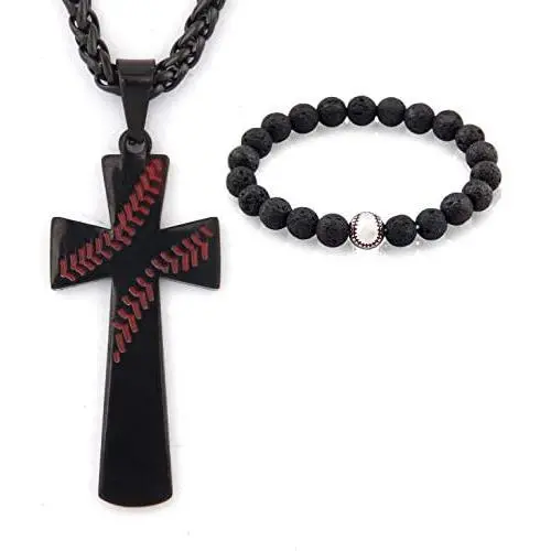 GUNGNEER Cross Baseball Necklace Stainless Steel Keel Chain Athletes Inspiration Strength Jewelry Gift Men Women