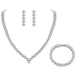 BriLove Womens Wedding Bridal Cubic Zirconia Multi Round Cut Bezel Set Collar Necklace Tennis Bracelet Dangle Earrings Set Clear Silver-Tone