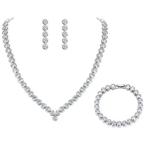 BriLove Womens Wedding Bridal Cubic Zirconia Multi Round Cut Bezel Set Collar Necklace Tennis Bracelet Dangle Earrings Set Clear Silver-Tone BriLove Womens Wedding Bridal Cubic Zirconia Multi Round Cut Bezel Set Collar Necklace Tennis Bracelet Dangle Earrings Set Clear Silver-Tone