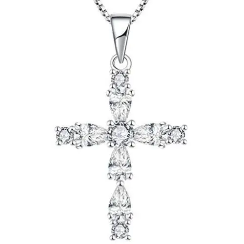 YL Gemstone Cross Necklace 925 Sterling Silver Created Sapphire/Ruby/Emerald/Amethyst Religious Pendant 18K White Gold Jewelry