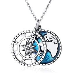 YFN Compass Pendant Necklace Sterling Silver Navy Anchor Travel Map Necklace for Women Men