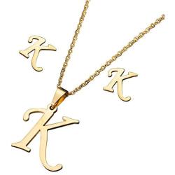 TGLS Women Girls A to Z Initial Letter Necklaces and Earrings Set Monogram Alphabet Capital Gold Plated Stainless Steel Personalized Name Pendant
