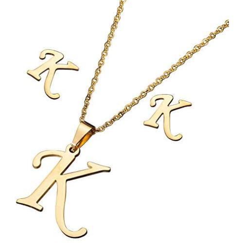 TGLS Women Girls A to Z Initial Letter Necklaces and Earrings Set Monogram Alphabet Capital Gold Plated Stainless Steel Personalized Name Pendant