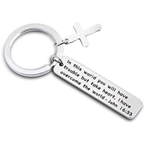 MAOFAED Religious Jewelry But Take Heart I Have Overcome The World Bible Verse Keychain Inspirational Biblical Quote Gift