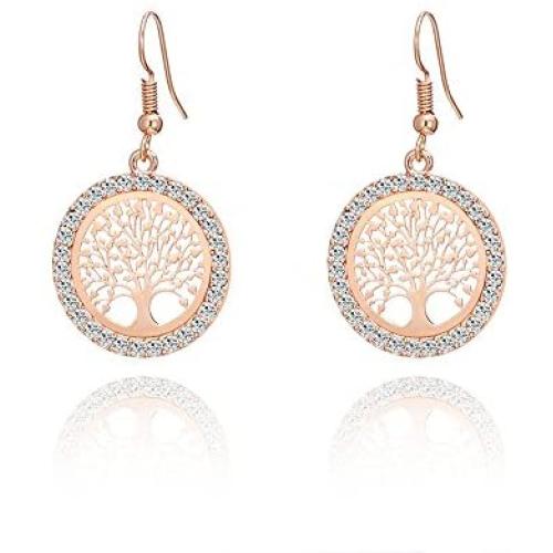 Tree of Life Dangle Earrings for Women,Rose Gold Silver Drop Earring for Girls Hypoallergenic Earring with Shining CZ Crystal