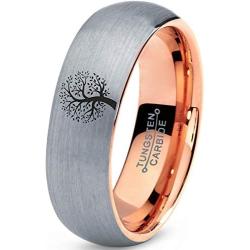 Blossom Nature Tree Ring - Tungsten Band 8mm - Men - Women - 18k Rose Gold Step Bevel Edge - Yellow - Grey - Blue - Black - Brushed - Polished - Wedding - Gift Dome Flat