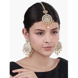 Aheli Ethnic Faux Kundan Drop Pearl Beads Dangle Earrings Maang Tikka Set Bollyood Wedding Party Fashion Jewelry for Women