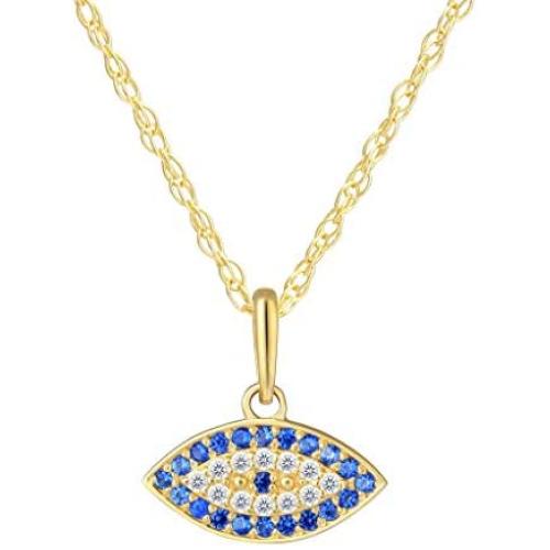 SOLIDGOLD- 14K Yellow Gold Crystal Clear & Blue CZ Evil Eye Pendant and an Adjustable Necklace Chain