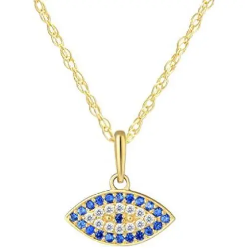 SOLIDGOLD- 14K Yellow Gold Crystal Clear & Blue CZ Evil Eye Pendant and an Adjustable Necklace Chain SOLIDGOLD- 14K Yellow Gold Crystal Clear & Blue CZ Evil Eye Pendant and an Adjustable Necklace Chain