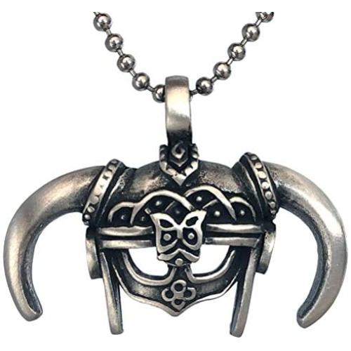 Warrior Jewelry Skyrim Ancient Nord horned Helmet Gladiator Babarian Medieval Roman Viking Protection Amulet pewter boys mens pendant necklace Charm for boys men unisex w silver ball chain