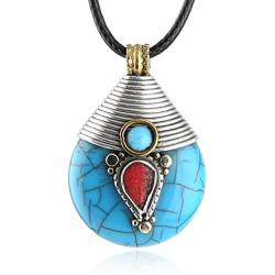 HZMAN Vintage Handmade Tibetan Turquoise Pendant Necklace from Nepal,Yoga Jewelry