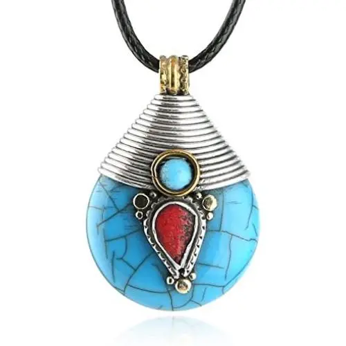 HZMAN Vintage Handmade Tibetan Turquoise Pendant Necklace from Nepal,Yoga Jewelry