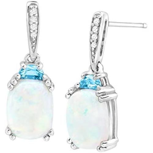 3 ct Natural Opal & Blue Topaz Drop Earrings with Diamonds in Sterling Silver