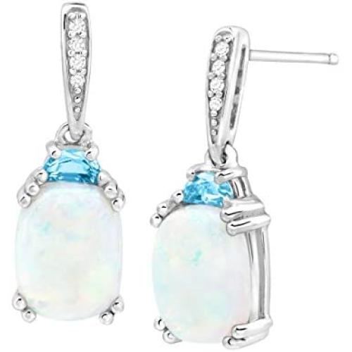 3 ct Natural Opal & Blue Topaz Drop Earrings with Diamonds in Sterling Silver