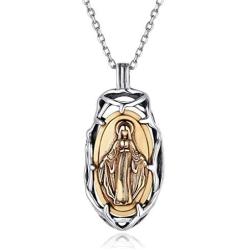 Nofade Silver Personalized Virgin Mary Necklace 925 Sterling Silver Religious Christian Jewelry Oval Medal Coin Pendant Necklace for Women Men