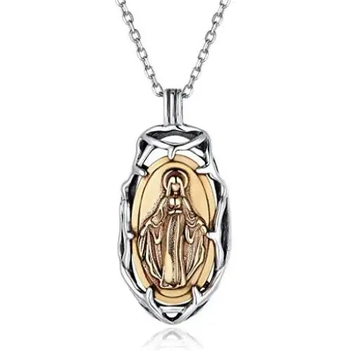 Nofade Silver Personalized Virgin Mary Necklace 925 Sterling Silver Religious Christian Jewelry Oval Medal Coin Pendant Necklace for Women Men