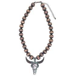 Elosee Turquoise Stone Long Horn Steer Skull Pendant Native Pearls Necklace 18 Inch