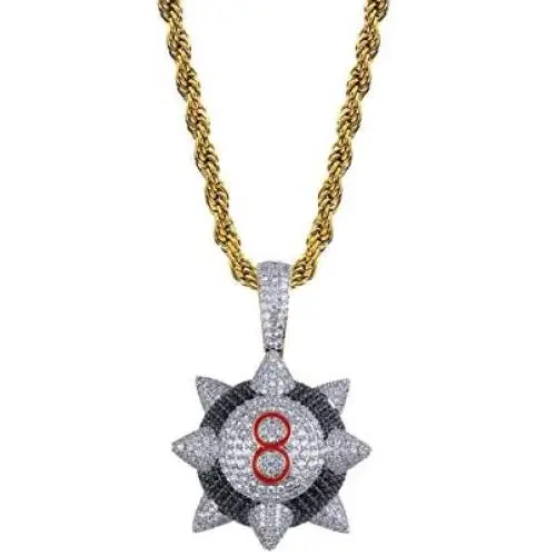 TOPGRILLZ Mens 14K Gold Inspired Spike 8-Ball Billiard Iced out Pendant Necklace Chain