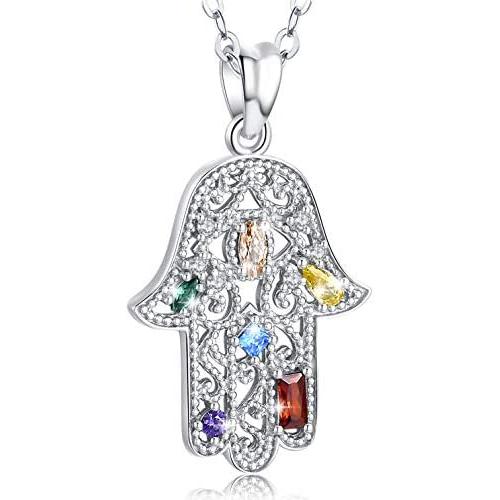 Aniu Evil Eye Hamsa Necklace for Women/Girls, 925 Sterling Silver Hand of Fatima Good Luck Pendant with Zirconia (With Jewelry Gift Box)