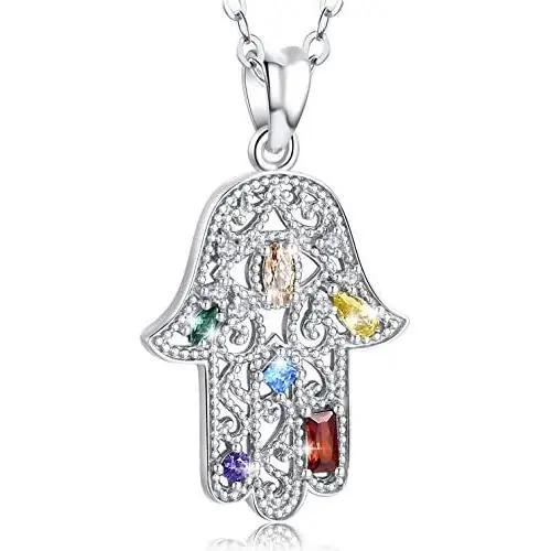 Aniu Evil Eye Hamsa Necklace for Women/Girls, 925 Sterling Silver Hand of Fatima Good Luck Pendant with Zirconia (With Jewelry Gift Box)
