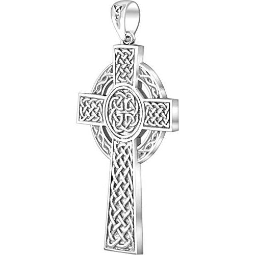 US Jewels Mens 925 Sterling Silver Irish Celtic Knot Cross Religious Pendant, 43mm