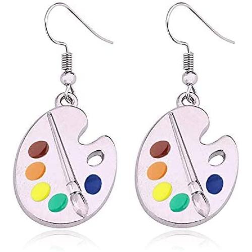 DAMLENG Unique Charm Paint Palette Dangle Earrings Paint Brush Drop Earrings For Women Artist Painter Jewelry Gifts (Silver)