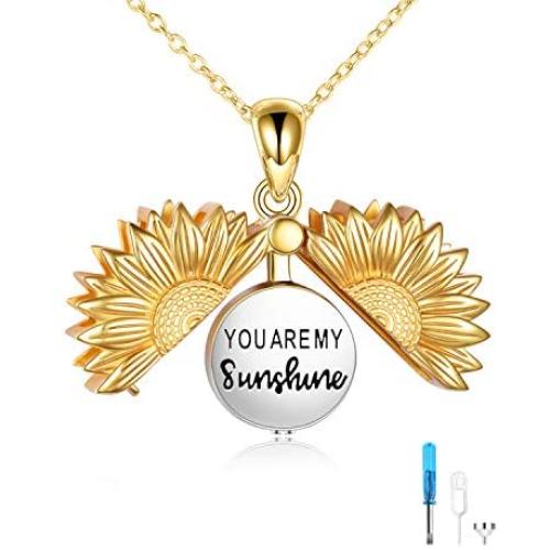 Sterling Silver Sunflower Urn Necklace for Ashes You are My Sunshine Pendant Cremation Jewelry for Ashes of Loved Ones Keepsake