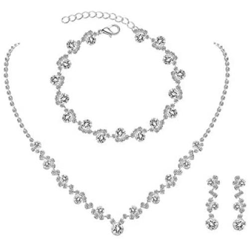 UDORA Crystal Rhinestone Necklace Earrings Bracelet Jewelry Set Wedding Prom