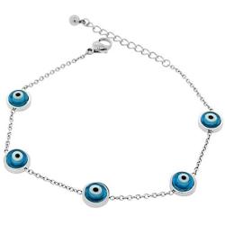 EDFORCE Stainless Steel Blue Silver-Tone Evil Eye Link Chain Adjustable Bracelet