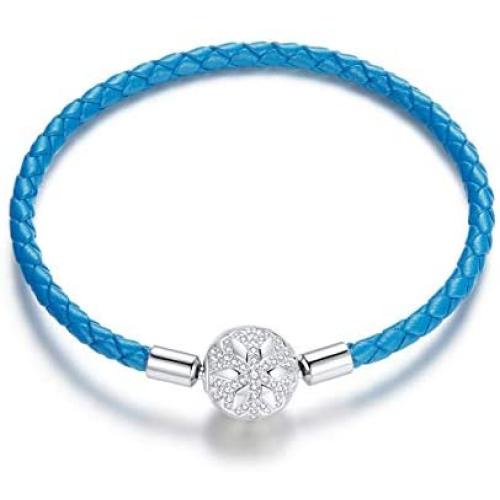 Genuine Leather Braided Charm Bracelet Sterling Silver Snowflake Bangle Barrel Clasp Jewelry Fit Pandöra Charm Birthday Gift for Women