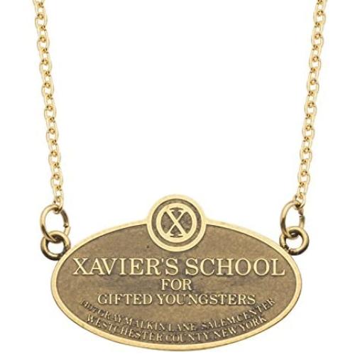 Marvel Comics Unisex Adult X-Men Xaviers School Plague Stainless Steel Pendant Necklace with 18-Inch Chain + 2-Inch Extender, Gold, One Size