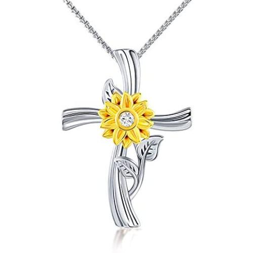 Sunflower Cross Pendant Necklace for Women Girls -You are My Sunshine Necklace with Jewelry Box for Her Birthday Mothers Day Christmas Gifts