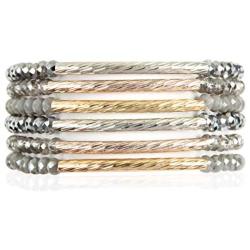 RIAH FASHION Bohemian Multi-Layer Beaded Stacking Statement Bracelets - Versatile Stretch Strand Sparkly Crystal Delicate Bar Slip-on Cuff Bangle Set