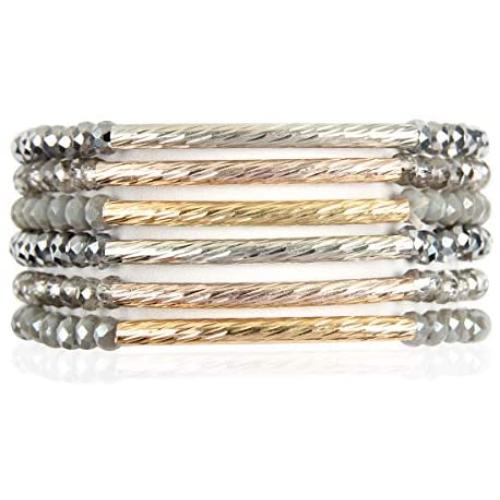RIAH FASHION Bohemian Multi-Layer Beaded Stacking Statement Bracelets - Versatile Stretch Strand Sparkly Crystal Delicate Bar Slip-on Cuff Bangle Set