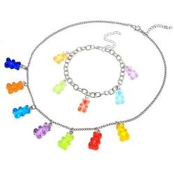 2 Pcs Gummy Bear Necklace Anklet Set Colorful Resin Candy Cartoon Necklace Anklet Set Cute Twinkling Bear Necklace for Women Girls Jewelry