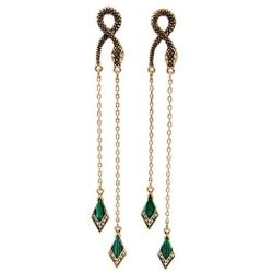 Vintage Green Rhinestone Long Drop Snake Earrings Studs
