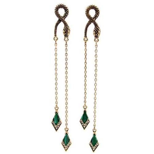 Vintage Green Rhinestone Long Drop Snake Earrings Studs