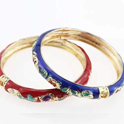 2Pcs Cloisonne Bracelets Gold Hinge Indian Cuff Bangle Flower Enameled Jewelry Open Cuff Clasp Hinged Bangle for Women (Red+Blue) 2Pcs Cloisonne Bracelets Gold Hinge Indian Cuff Bangle Flower Enameled Jewelry Open Cuff Clasp Hinged Bangle for Women (Red+Blue)
