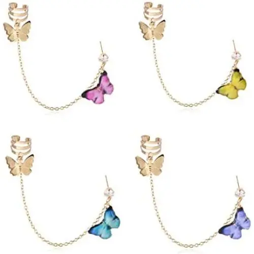 4 PCS Butterfly Stud Earrings Set Butterfly Tassels Drop Ear Cuff Clip Chain Stud Earrings Butterfly Chain Pendientes Earrings for Women Girl Party Hip Hop Gothic Jewelry