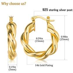 Twisted Hoop Earrings 14K Gold Plated 925 Sterling Silver Post Chunky Hoop Earrings Lightweight High Polished Hoops Jewelry Gift for Women and Gi