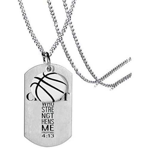 Basketball Christian Necklace Faith I Can Do All Things Through Christ Who Strengthens Me Phil. 4:13 Pendent Scripture Jewelry Stainless Steel Pendant Hip Hop Inspirational Quote Sports Gifts Teens