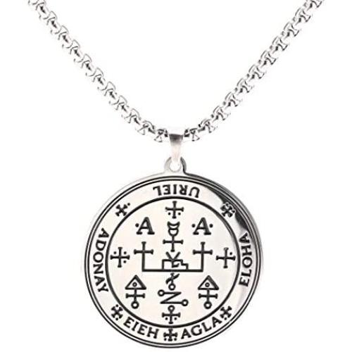 VASSAGO Gothic Sigil of Archangel Uriel Chain Necklace Engraving Talisman Amulet Angel Wide Choker Vintage Jewelry for Men