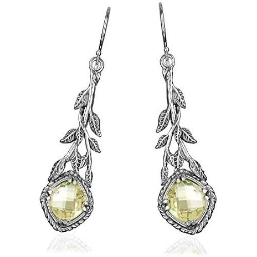 PZ Paz Creations Gemstone Dangle Earrings For Women Girls | Sterling Silver Cushion Gemstone Leaf Design | Hypoallergenic For Pierced Ears