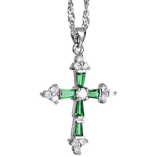 RIZILIA Cross Pendant with 18'' Chain & Trapezoid Round Cut CZ in White Gold Plated, Simple Modern Elegant