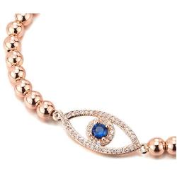 COOLSTEELANDBEYOND Protection Evil Eye Beads Bracelet for Women with Blue and White Cubic Zirconia