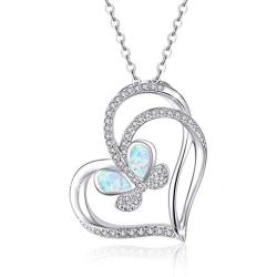925 Sterling Silver with White Opal Butterfly Necklace, Double Heart with Cubic Zircon Butterfly Jewelry Mother Day Gift for Women Girlfriend Daughter with Gift Box