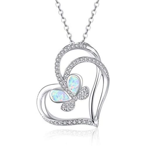 925 Sterling Silver with White Opal Butterfly Necklace, Double Heart with Cubic Zircon Butterfly Jewelry Mother Day Gift for Women Girlfriend Daughter with Gift Box