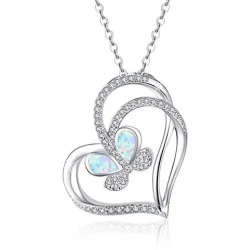 925 Sterling Silver with White Opal Butterfly Necklace, Double Heart with Cubic Zircon Butterfly Jewelry Mother Day Gift for Women Girlfriend Daughter with Gift Box 925 Sterling Silver with White Opal Butterfly Necklace, Double Heart with Cubic Zircon Butterfly Jewelry Mother Day Gift for Women Girlfriend Daughter with Gift Box