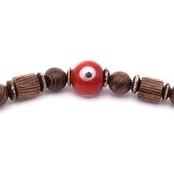 Mens Evil Eye Glass Senna Siameawood Mala Beads Stretch Bracelet Handcrafted in USA - Natural